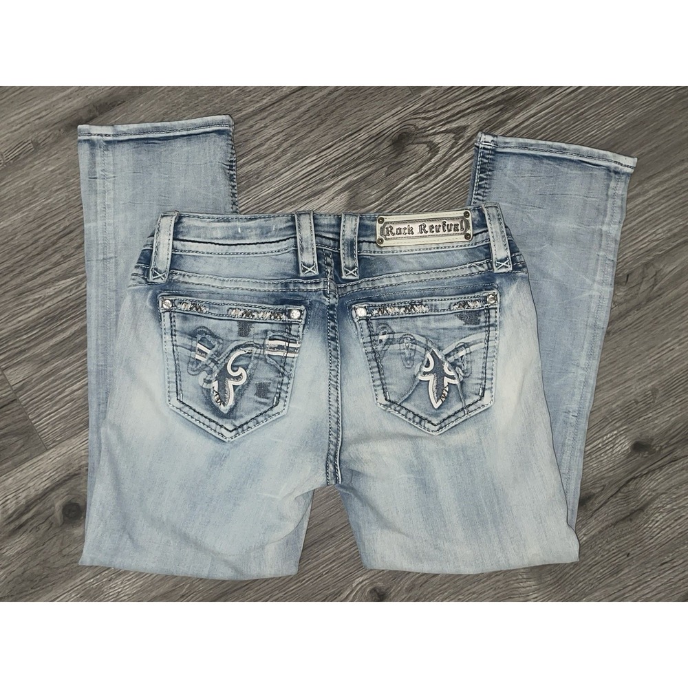 Rock Revival Women's Nancy Crop Jeans Size 29 Light Wash Distressed Embellished